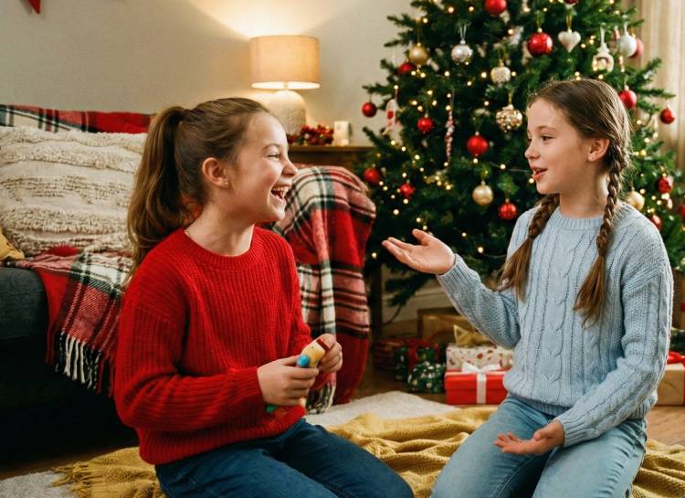 Two young girls sitting next to a decorated Christmas tree in a Metro Detroit home, smiling and playing together during the holidays. This image illustrates holiday lice prevention tips from Lice Sisters to keep families protected during seasonal gatherings.