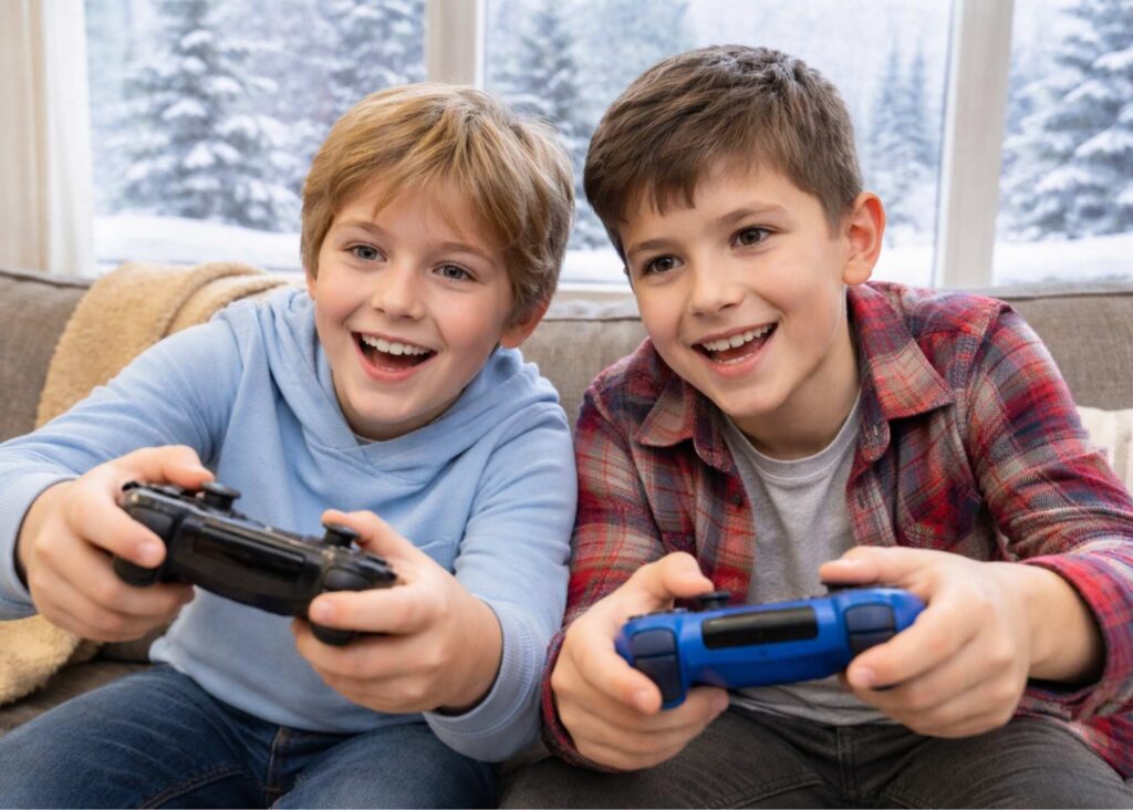 Two children sitting close together playing video games indoors during winter Lice Don’t Quit During Flu Season When to Seek Professional Lice Treatment in Michigan