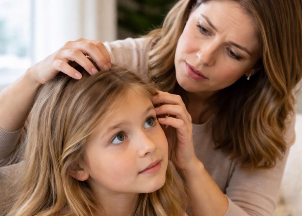 mother looking concerned while sitting with child at home, common early sign families notice before seeking lice treatment Lice Don’t Quit During Flu Season When to Seek Professional Lice Treatment in Michigan