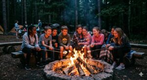 Summer Camp and Head Lice Children Sitting around the camp fire roasting marshmallows | Lice Sisters Lice Treatment